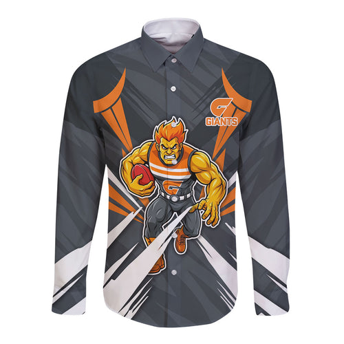 Greater Western Sydney Giants Australian Football Long Sleeve Button Shirt Powerful Muscle Mascot With Geometric Sunburst Motion Art