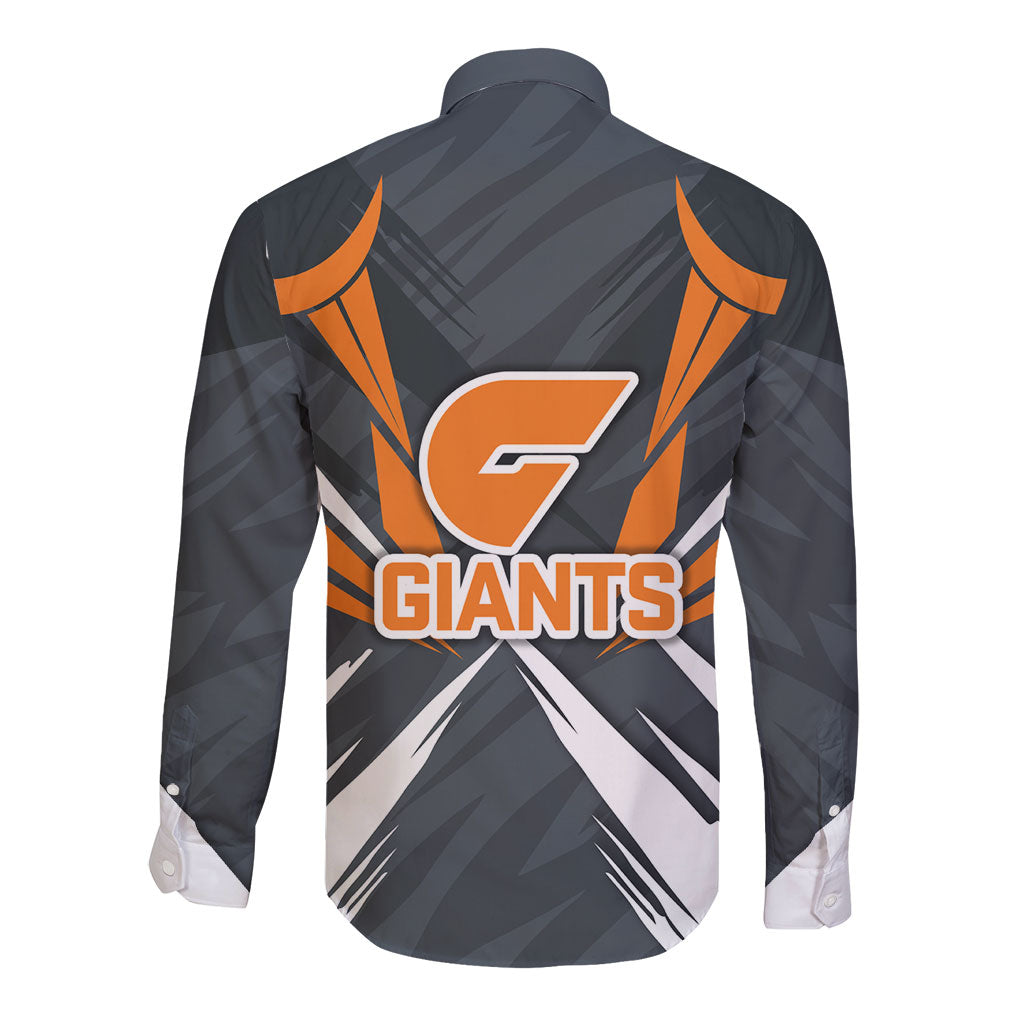 Greater Western Sydney Giants Australian Football Long Sleeve Button Shirt Powerful Muscle Mascot With Geometric Sunburst Motion Art