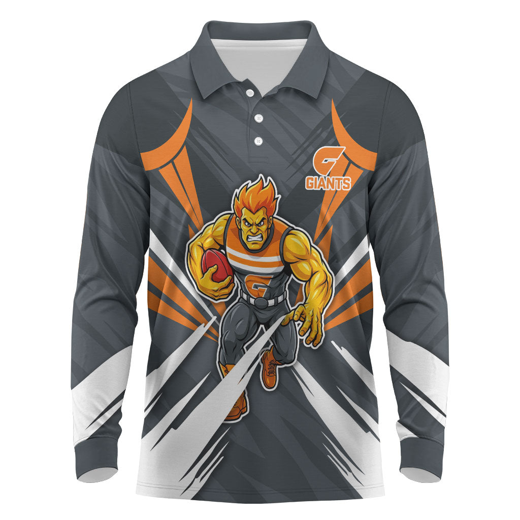 Greater Western Sydney Giants Australian Football Long Sleeve Polo Shirt Powerful Muscle Mascot With Geometric Sunburst Motion Art