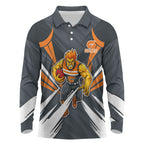 Greater Western Sydney Giants Australian Football Long Sleeve Polo Shirt Powerful Muscle Mascot With Geometric Sunburst Motion Art