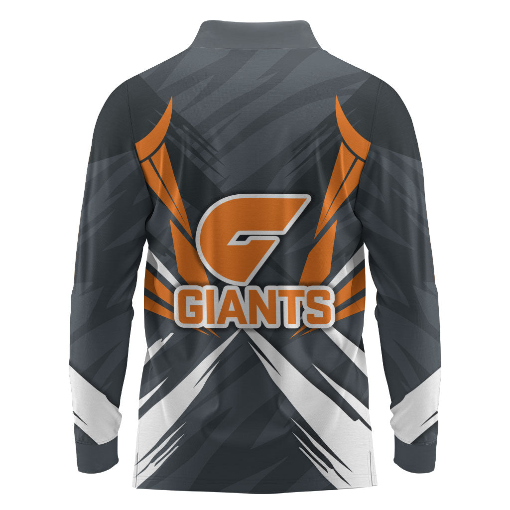 Greater Western Sydney Giants Australian Football Long Sleeve Polo Shirt Powerful Muscle Mascot With Geometric Sunburst Motion Art