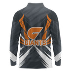 Greater Western Sydney Giants Australian Football Long Sleeve Polo Shirt Powerful Muscle Mascot With Geometric Sunburst Motion Art