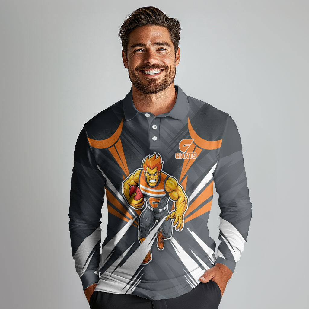 Greater Western Sydney Giants Australian Football Long Sleeve Polo Shirt Powerful Muscle Mascot With Geometric Sunburst Motion Art