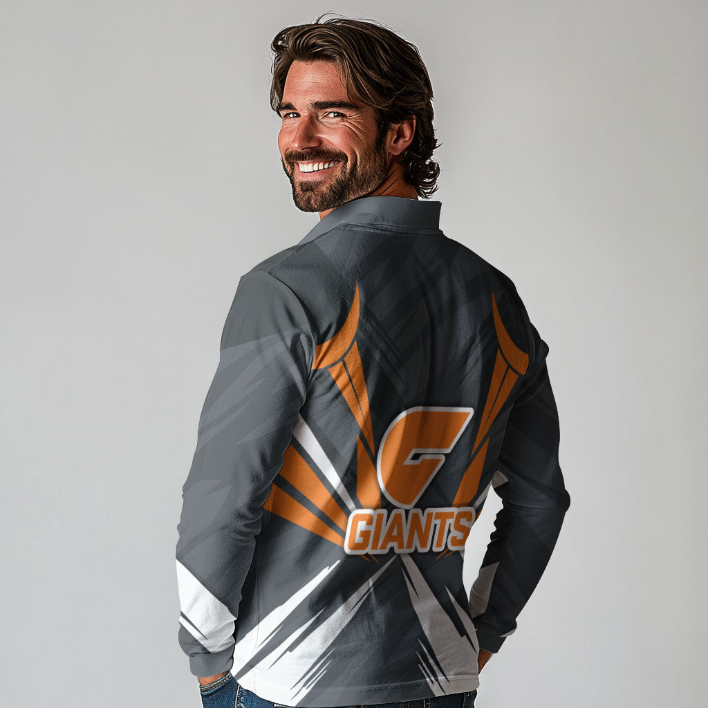 Greater Western Sydney Giants Australian Football Long Sleeve Polo Shirt Powerful Muscle Mascot With Geometric Sunburst Motion Art