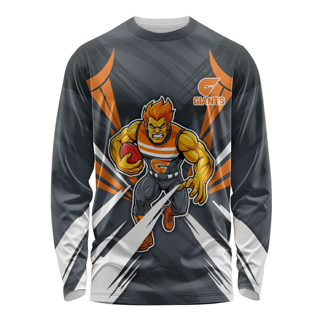 Greater Western Sydney Giants Australian Football Long Sleeve Shirt Powerful Muscle Mascot With Geometric Sunburst Motion Art
