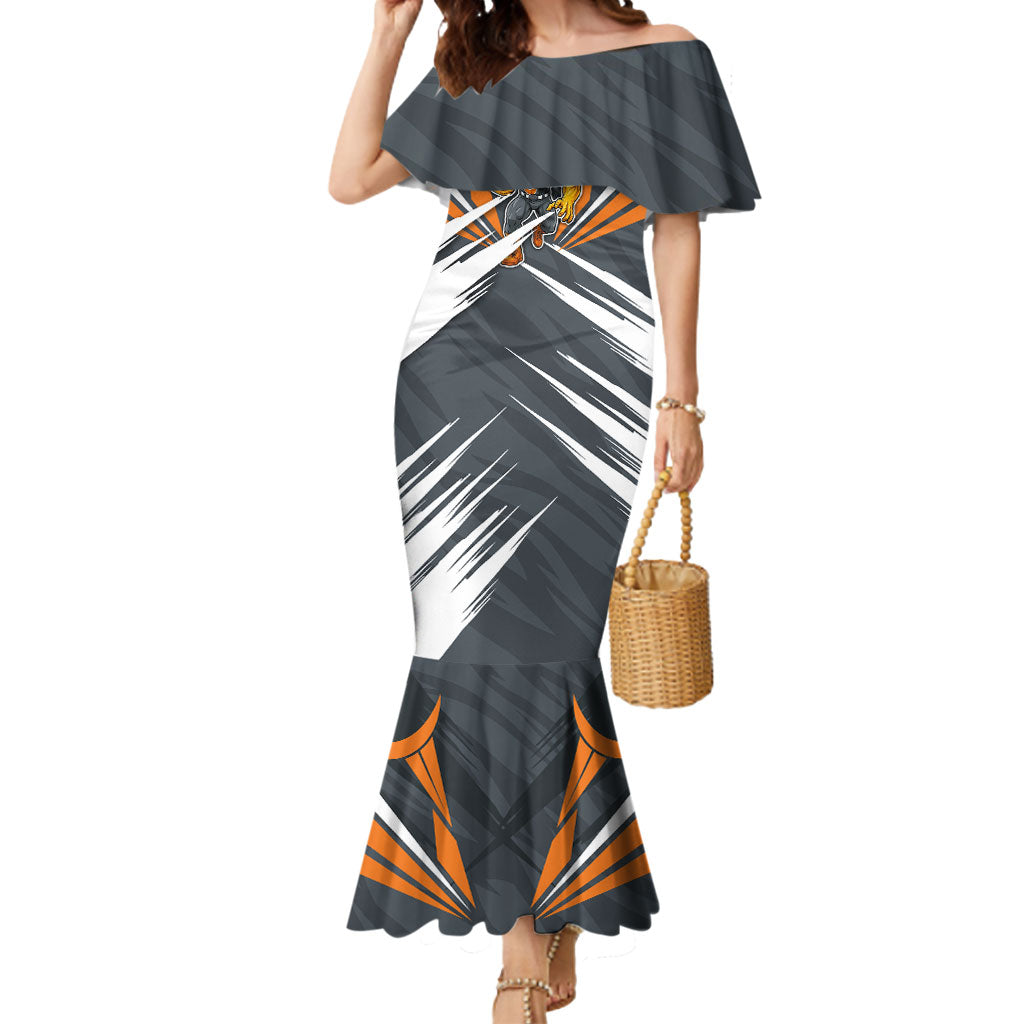 Greater Western Sydney Giants Australian Football Mermaid Dress Powerful Muscle Mascot With Geometric Sunburst Motion Art