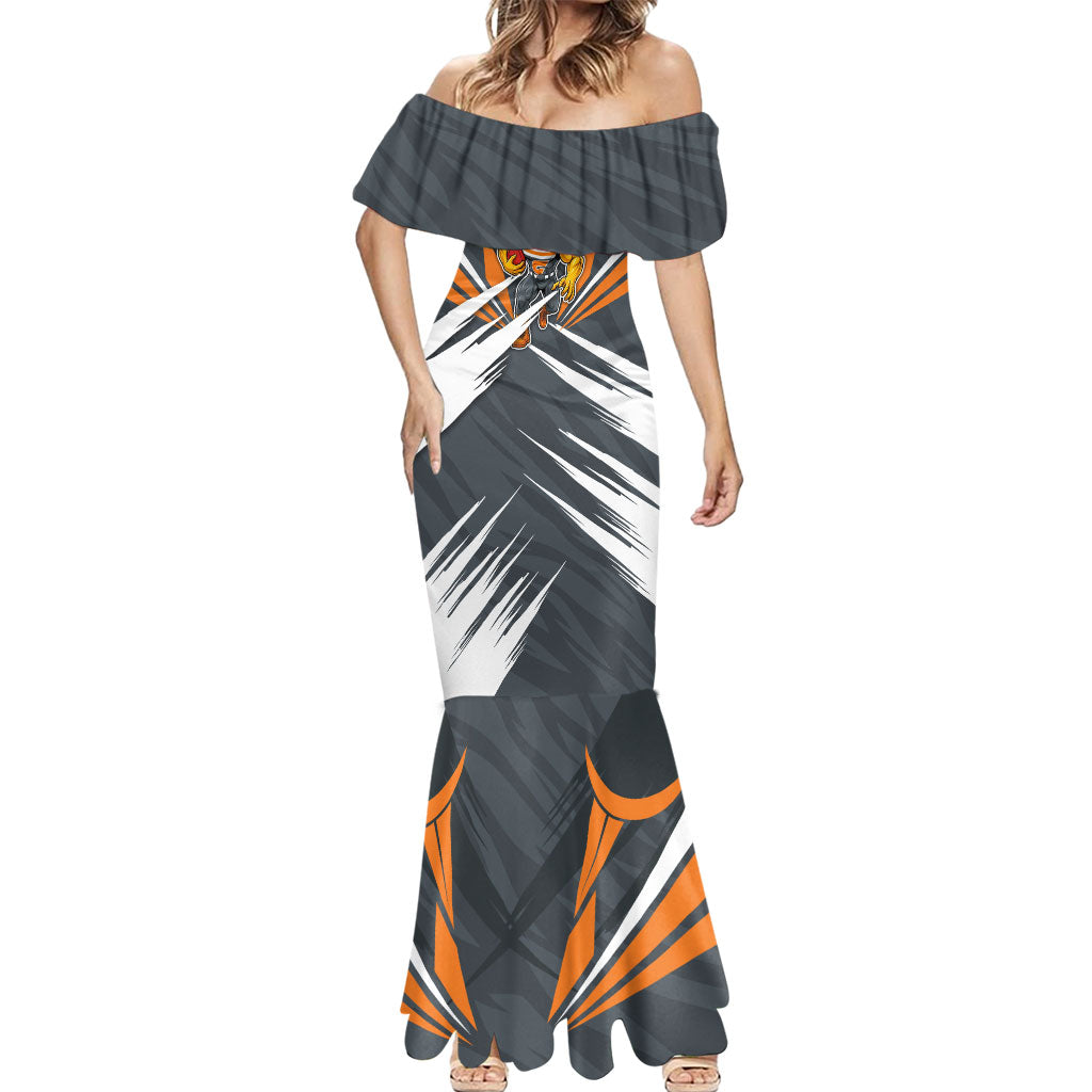 Greater Western Sydney Giants Australian Football Mermaid Dress Powerful Muscle Mascot With Geometric Sunburst Motion Art