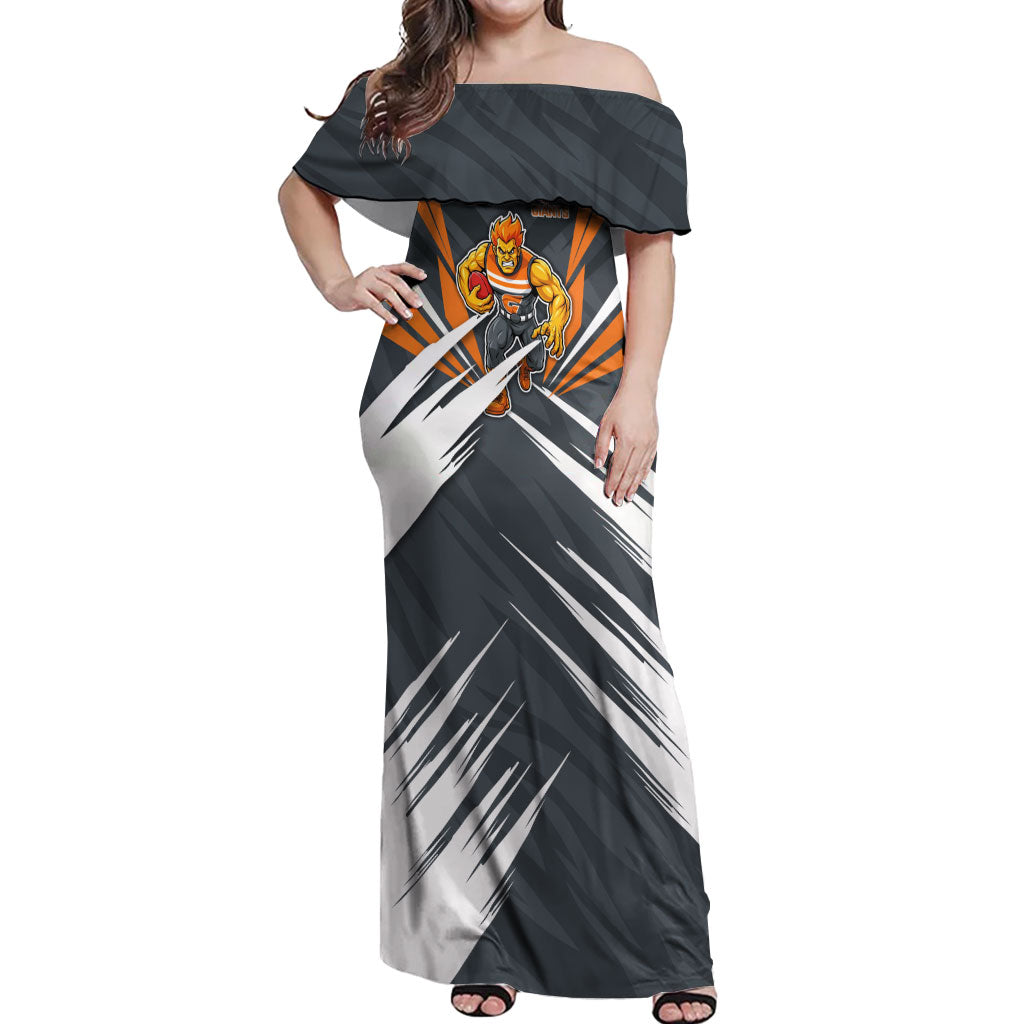 Greater Western Sydney Giants Australian Football Off Shoulder Maxi Dress Powerful Muscle Mascot With Geometric Sunburst Motion Art
