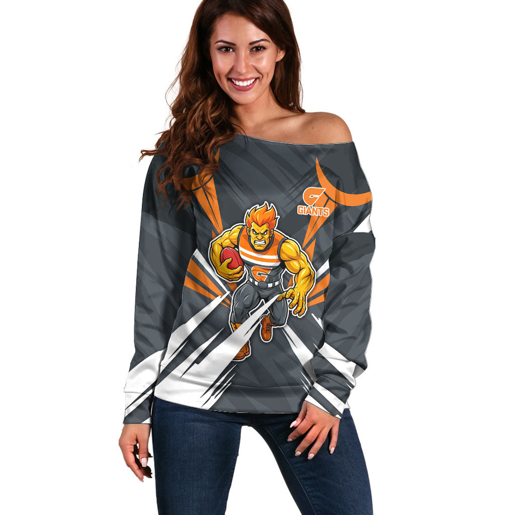 Greater Western Sydney Giants Australian Football Off Shoulder Sweater Powerful Muscle Mascot With Geometric Sunburst Motion Art