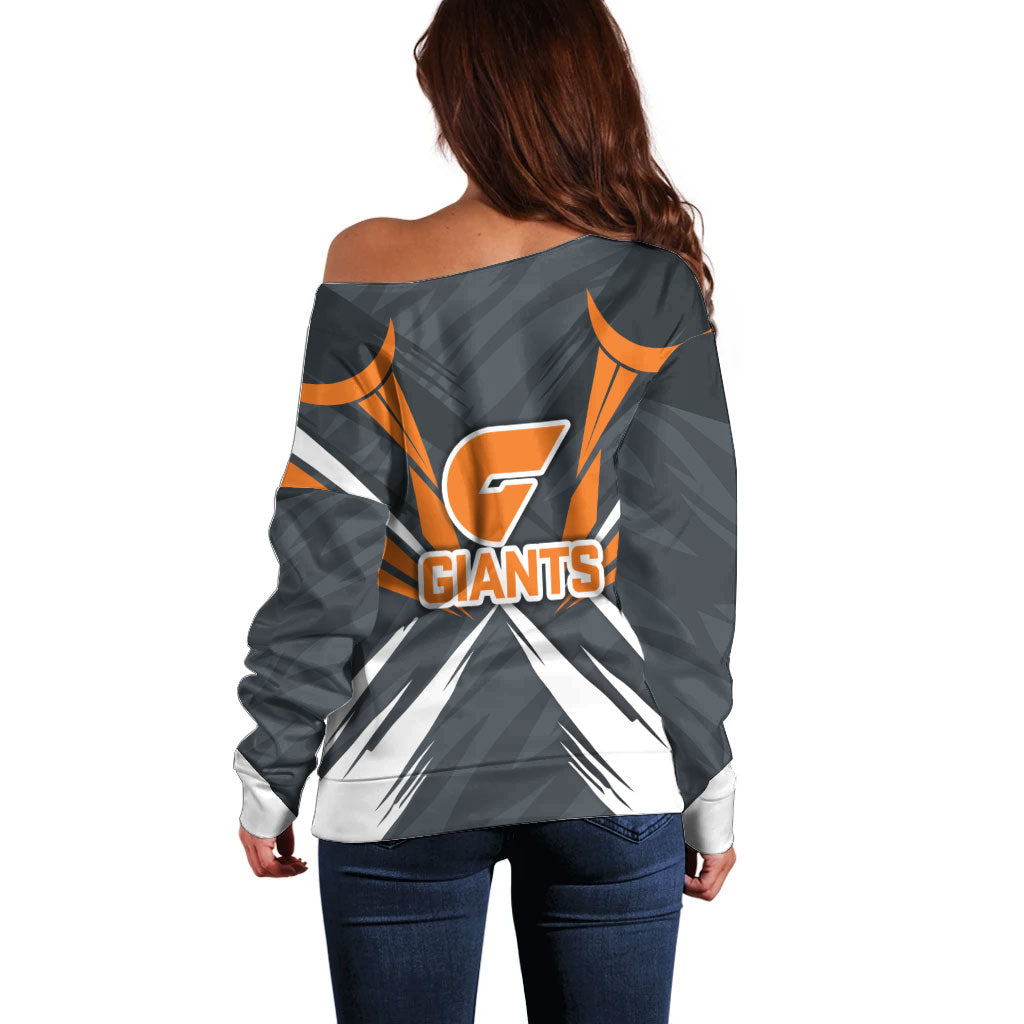 Greater Western Sydney Giants Australian Football Off Shoulder Sweater Powerful Muscle Mascot With Geometric Sunburst Motion Art