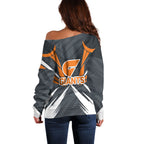 Greater Western Sydney Giants Australian Football Off Shoulder Sweater Powerful Muscle Mascot With Geometric Sunburst Motion Art