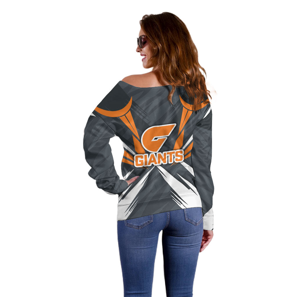 Greater Western Sydney Giants Australian Football Off Shoulder Sweater Powerful Muscle Mascot With Geometric Sunburst Motion Art