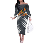 Greater Western Sydney Giants Australian Football Off The Shoulder Long Sleeve Dress Powerful Muscle Mascot With Geometric Sunburst Motion Art