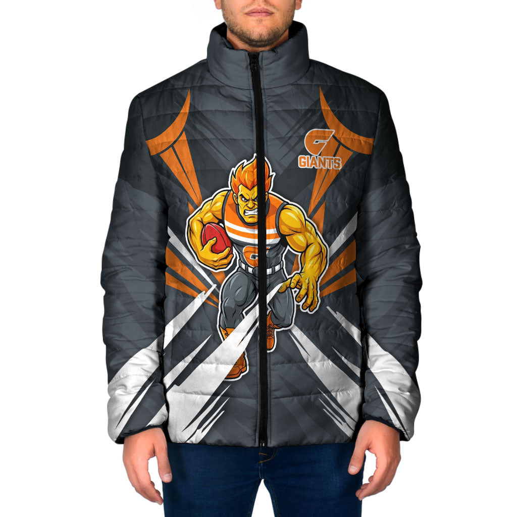 Greater Western Sydney Giants Australian Football Padded Jacket Powerful Muscle Mascot With Geometric Sunburst Motion Art