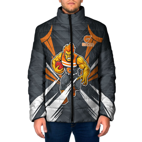 Greater Western Sydney Giants Australian Football Padded Jacket Powerful Muscle Mascot With Geometric Sunburst Motion Art