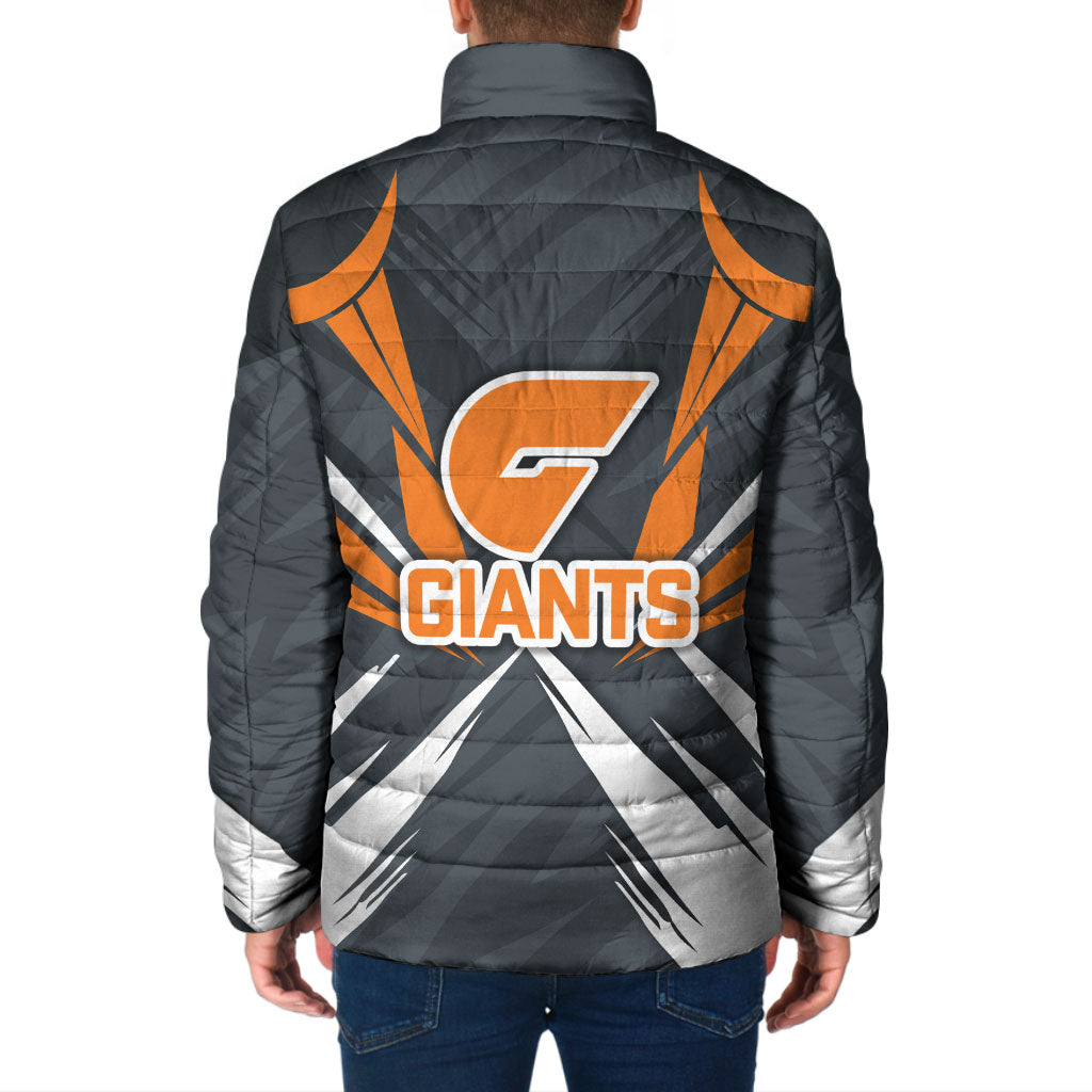 Greater Western Sydney Giants Australian Football Padded Jacket Powerful Muscle Mascot With Geometric Sunburst Motion Art