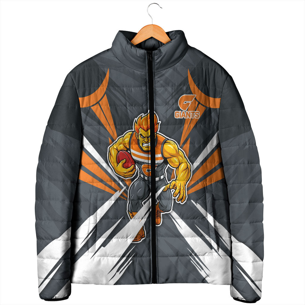 Greater Western Sydney Giants Australian Football Padded Jacket Powerful Muscle Mascot With Geometric Sunburst Motion Art