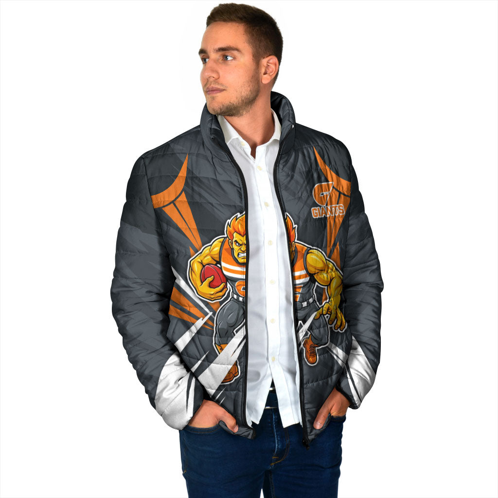 Greater Western Sydney Giants Australian Football Padded Jacket Powerful Muscle Mascot With Geometric Sunburst Motion Art