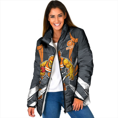 Greater Western Sydney Giants Australian Football Padded Jacket Powerful Muscle Mascot With Geometric Sunburst Motion Art