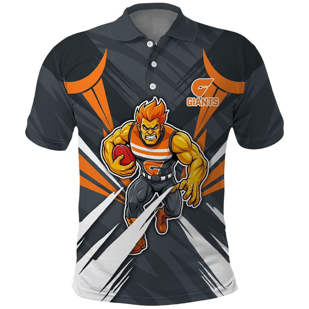Greater Western Sydney Giants Australian Football Polo Shirt Powerful Muscle Mascot With Geometric Sunburst Motion Art