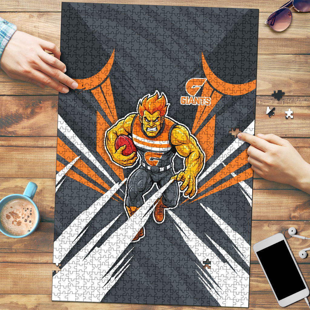 Greater Western Sydney Giants Australian Football Puzzle Powerful Muscle Mascot With Geometric Sunburst Motion Art