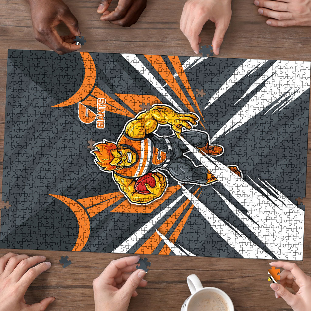 Greater Western Sydney Giants Australian Football Puzzle Powerful Muscle Mascot With Geometric Sunburst Motion Art