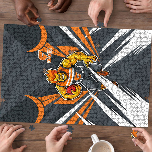 Greater Western Sydney Giants Australian Football Puzzle Powerful Muscle Mascot With Geometric Sunburst Motion Art