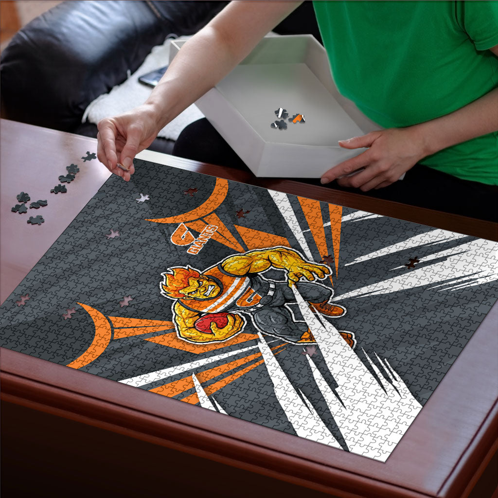 Greater Western Sydney Giants Australian Football Puzzle Powerful Muscle Mascot With Geometric Sunburst Motion Art