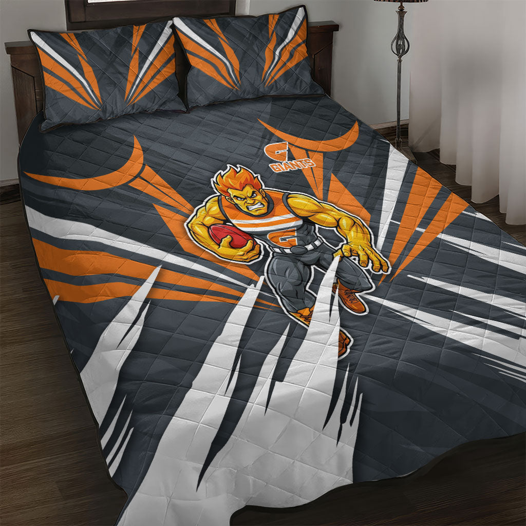 Greater Western Sydney Giants Australian Football Quilt Bed Set Powerful Muscle Mascot With Geometric Sunburst Motion Art