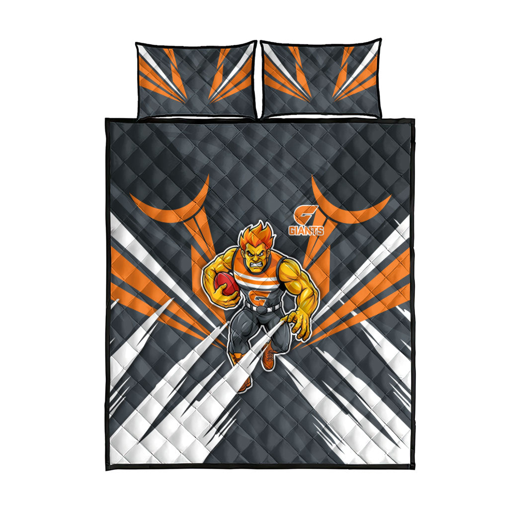 Greater Western Sydney Giants Australian Football Quilt Bed Set Powerful Muscle Mascot With Geometric Sunburst Motion Art