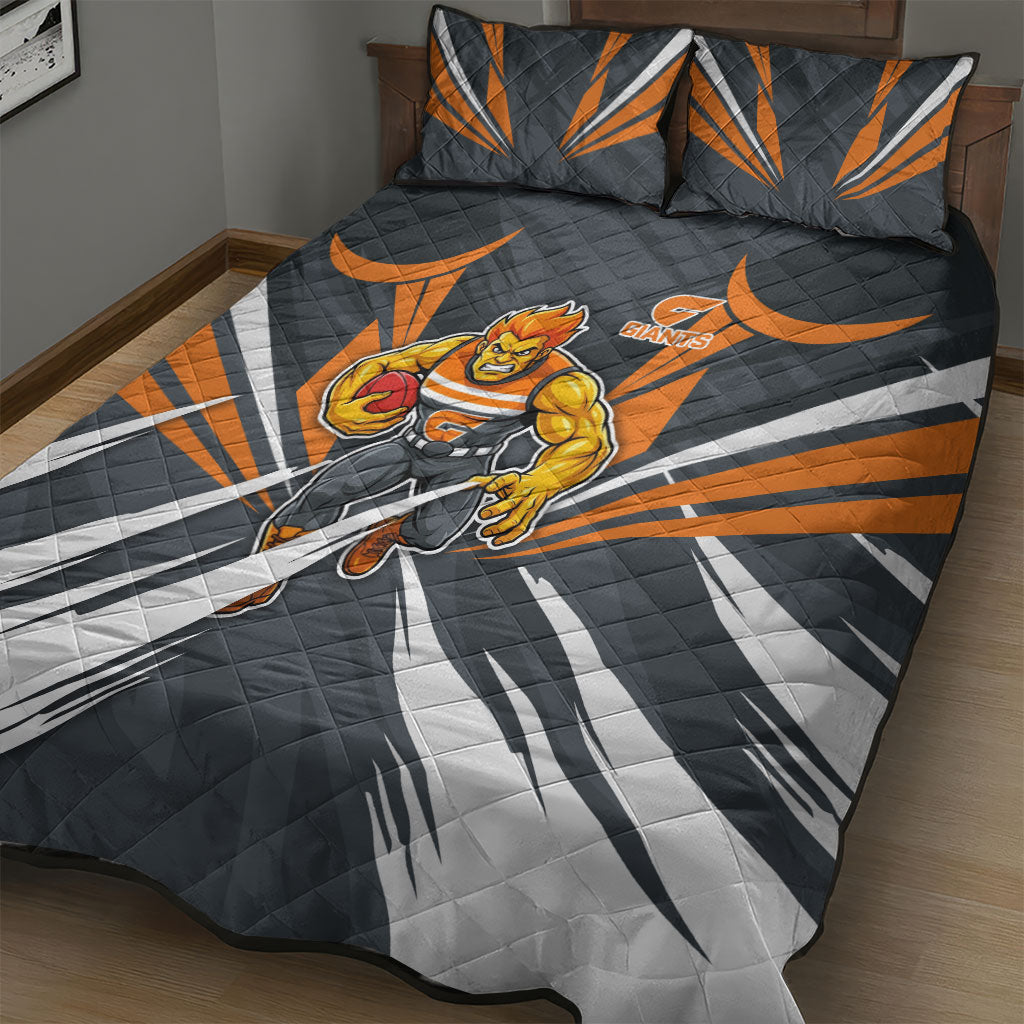 Greater Western Sydney Giants Australian Football Quilt Bed Set Powerful Muscle Mascot With Geometric Sunburst Motion Art
