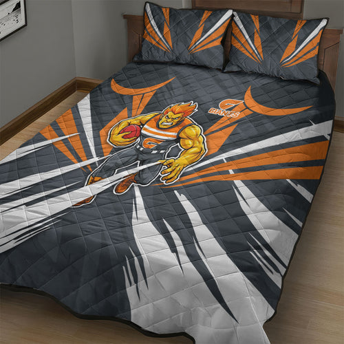 Greater Western Sydney Giants Australian Football Quilt Bed Set Powerful Muscle Mascot With Geometric Sunburst Motion Art