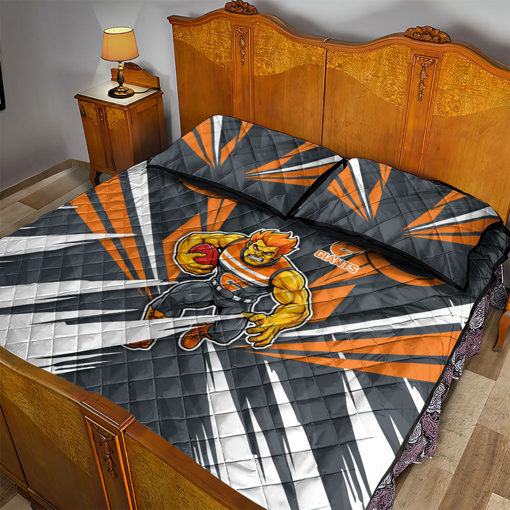 Greater Western Sydney Giants Australian Football Quilt Bed Set Powerful Muscle Mascot With Geometric Sunburst Motion Art