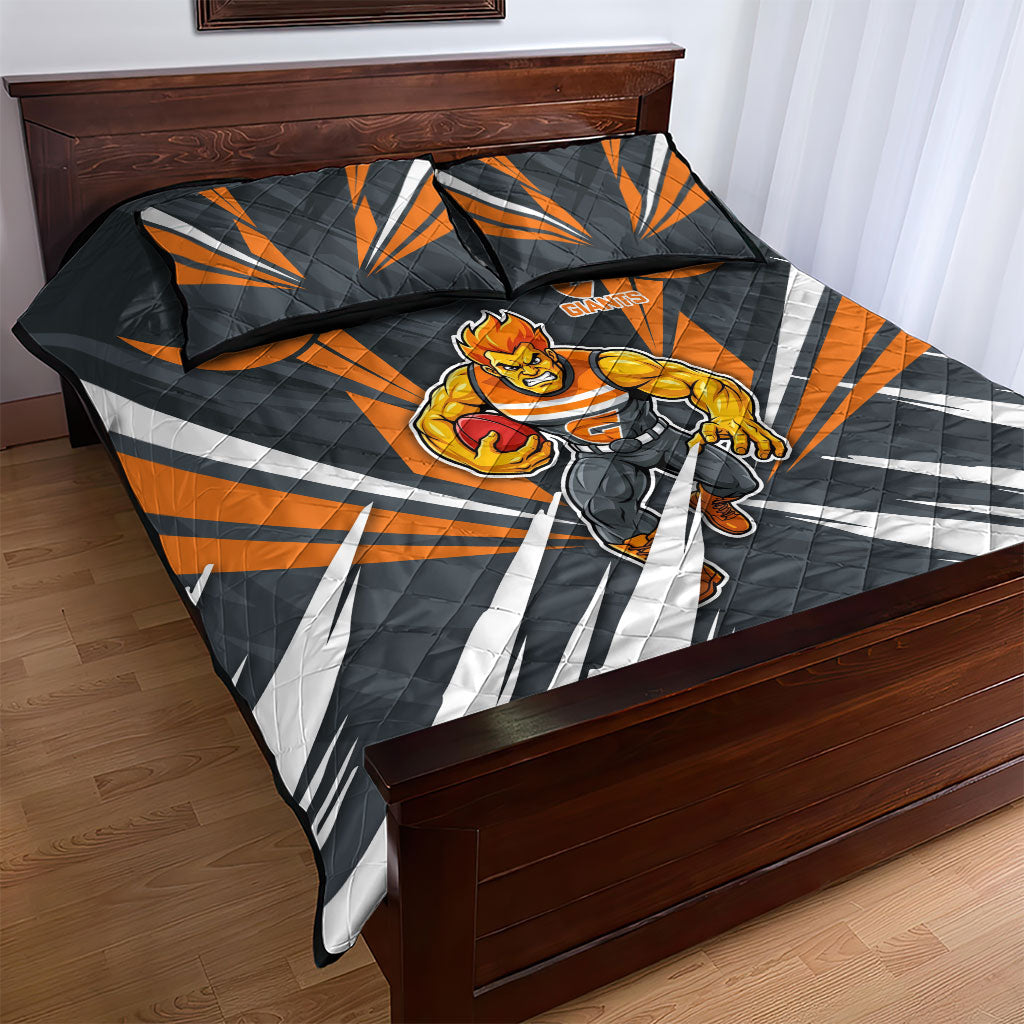 Greater Western Sydney Giants Australian Football Quilt Bed Set Powerful Muscle Mascot With Geometric Sunburst Motion Art