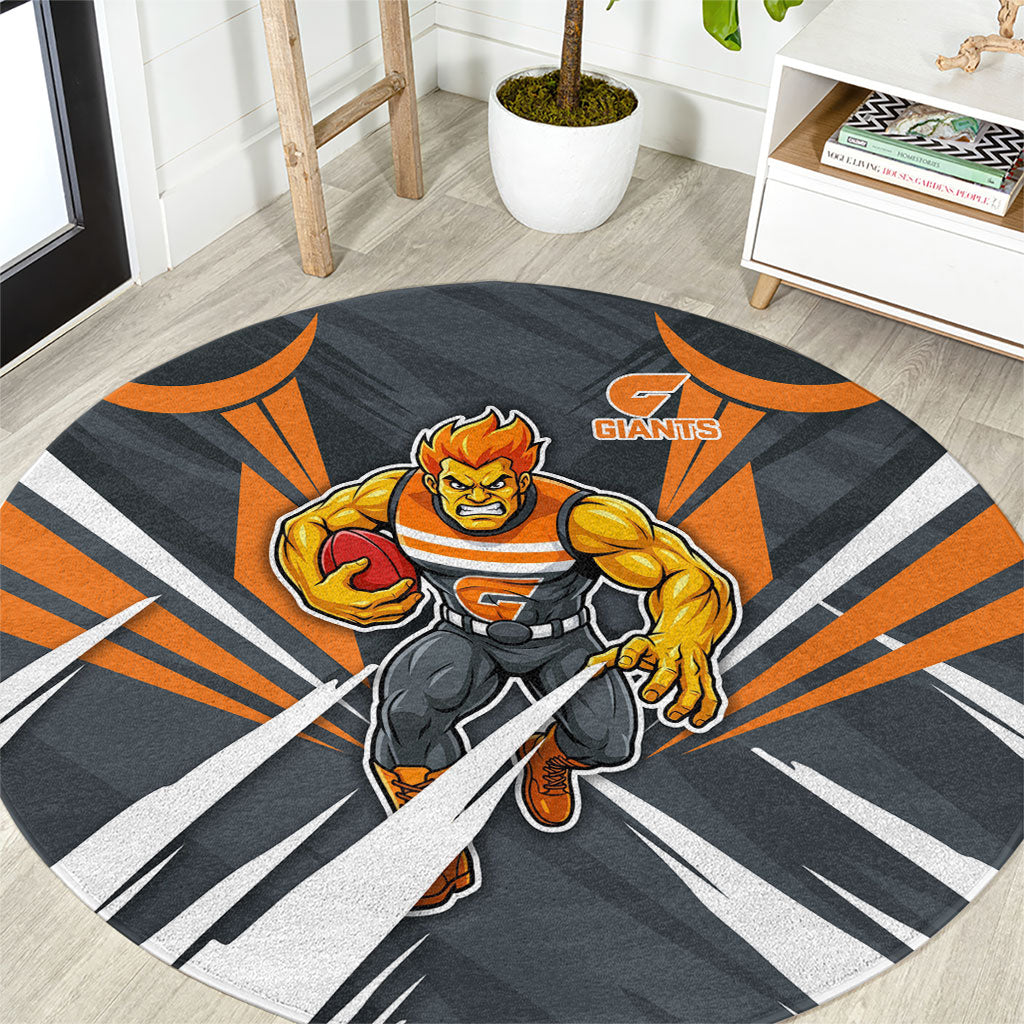 Greater Western Sydney Giants Australian Football Round Carpet Powerful Muscle Mascot With Geometric Sunburst Motion Art