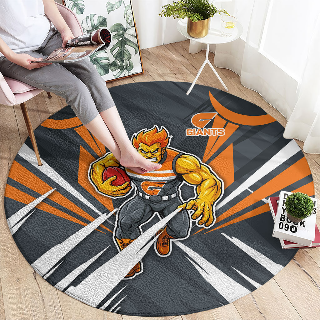 Greater Western Sydney Giants Australian Football Round Carpet Powerful Muscle Mascot With Geometric Sunburst Motion Art