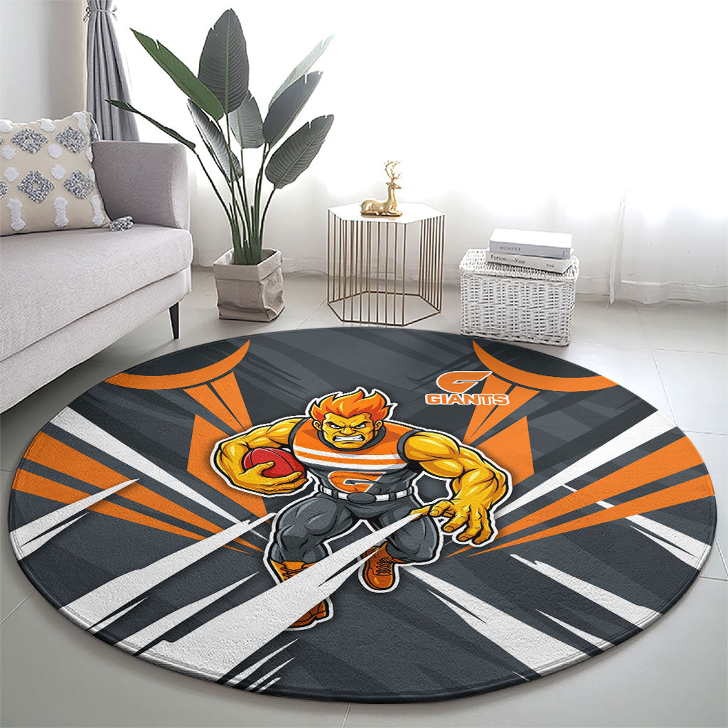 Greater Western Sydney Giants Australian Football Round Carpet Powerful Muscle Mascot With Geometric Sunburst Motion Art