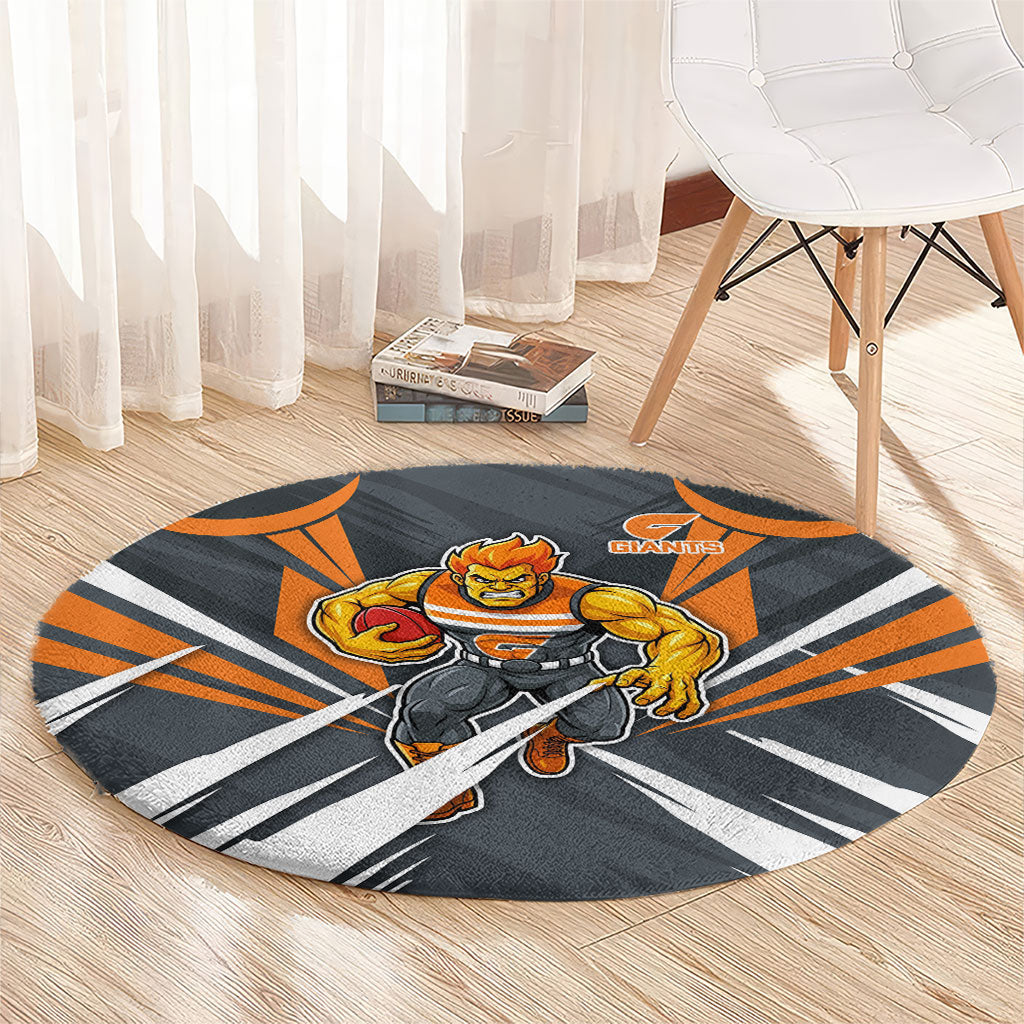 Greater Western Sydney Giants Australian Football Round Carpet Powerful Muscle Mascot With Geometric Sunburst Motion Art