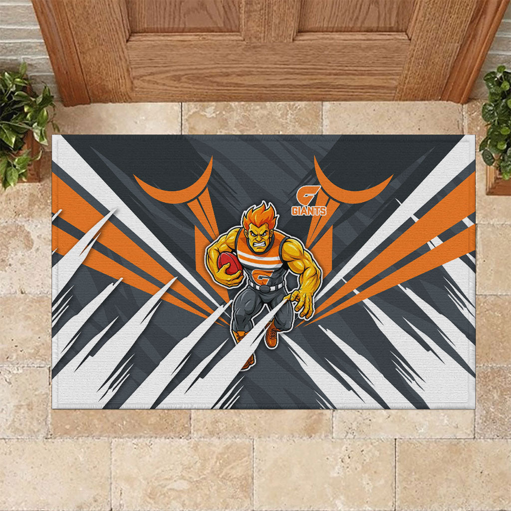 Greater Western Sydney Giants Australian Football Rubber Doormat Powerful Muscle Mascot With Geometric Sunburst Motion Art