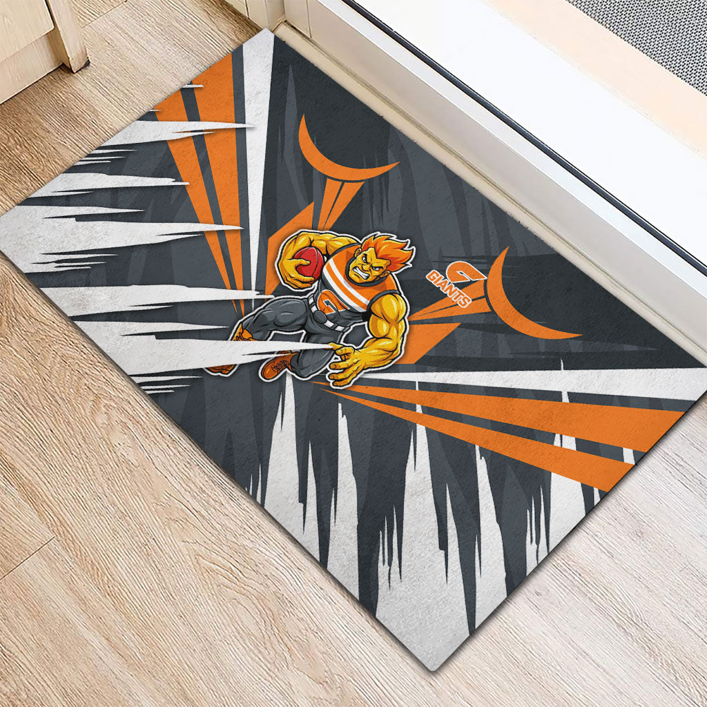 Greater Western Sydney Giants Australian Football Rubber Doormat Powerful Muscle Mascot With Geometric Sunburst Motion Art