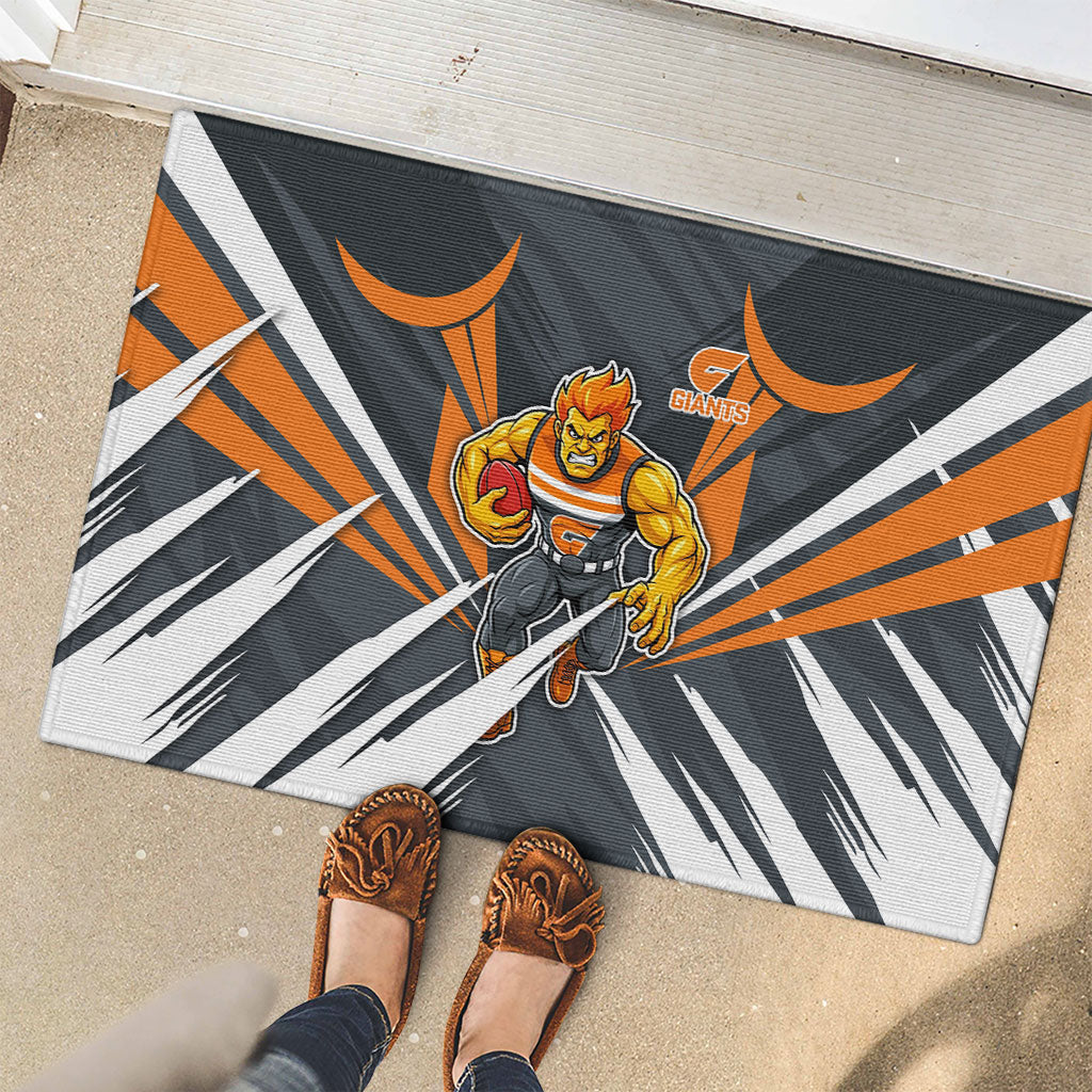 Greater Western Sydney Giants Australian Football Rubber Doormat Powerful Muscle Mascot With Geometric Sunburst Motion Art