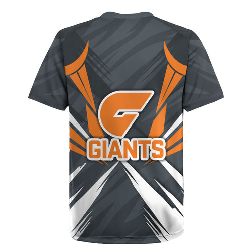 Greater Western Sydney Giants Australian Football Rugby Jersey Powerful Muscle Mascot With Geometric Sunburst Motion Art