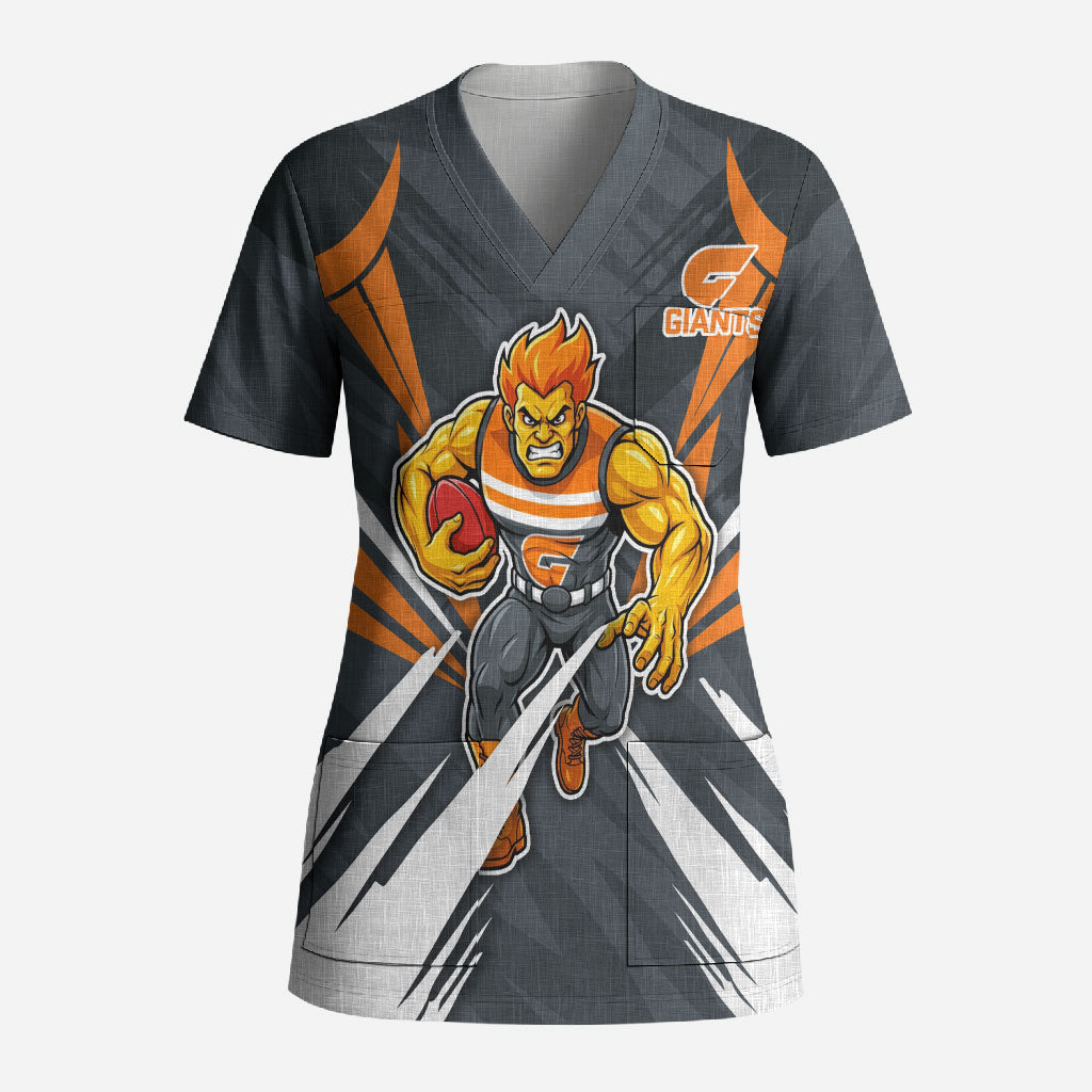 Greater Western Sydney Giants Australian Football Scrub Top Powerful Muscle Mascot With Geometric Sunburst Motion Art