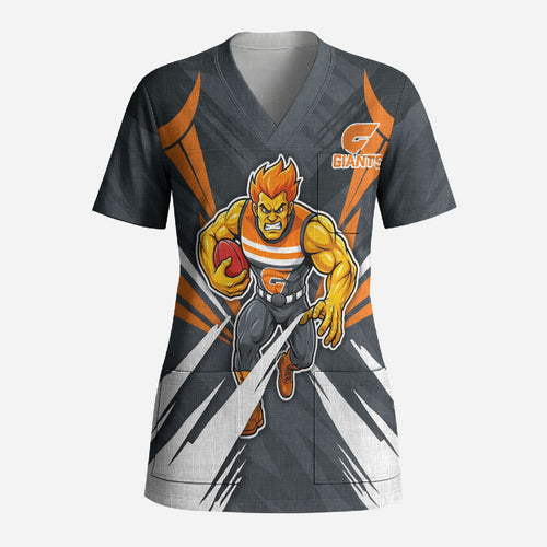 Greater Western Sydney Giants Australian Football Scrub Top Powerful Muscle Mascot With Geometric Sunburst Motion Art