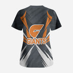 Greater Western Sydney Giants Australian Football Scrub Top Powerful Muscle Mascot With Geometric Sunburst Motion Art
