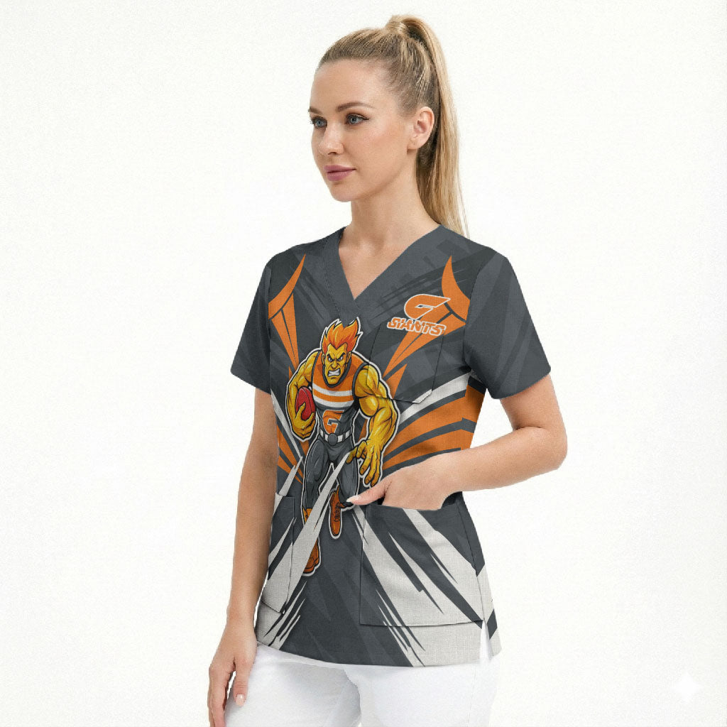 Greater Western Sydney Giants Australian Football Scrub Top Powerful Muscle Mascot With Geometric Sunburst Motion Art