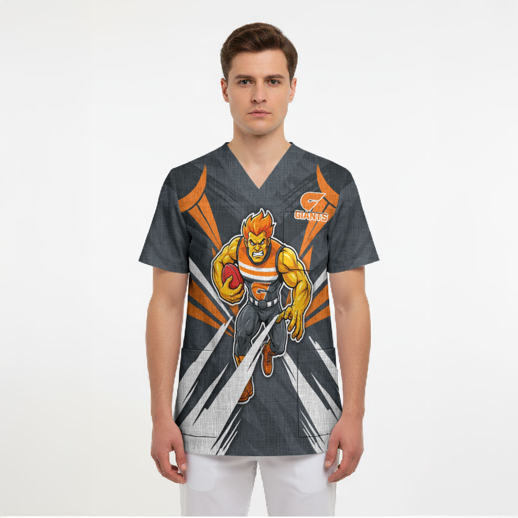 Greater Western Sydney Giants Australian Football Scrub Top Powerful Muscle Mascot With Geometric Sunburst Motion Art