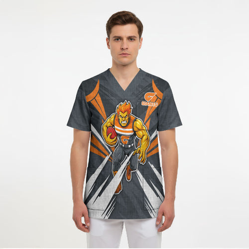 Greater Western Sydney Giants Australian Football Scrub Top Powerful Muscle Mascot With Geometric Sunburst Motion Art