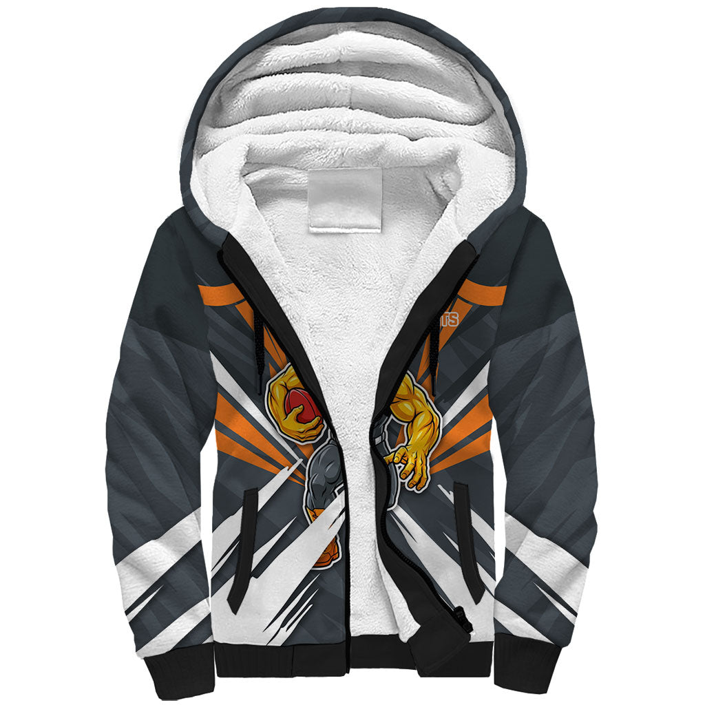 Greater Western Sydney Giants Australian Football Sherpa Hoodie Powerful Muscle Mascot With Geometric Sunburst Motion Art