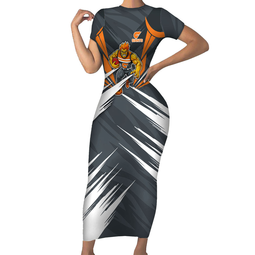 Greater Western Sydney Giants Australian Football Short Sleeve Bodycon Dress Powerful Muscle Mascot With Geometric Sunburst Motion Art